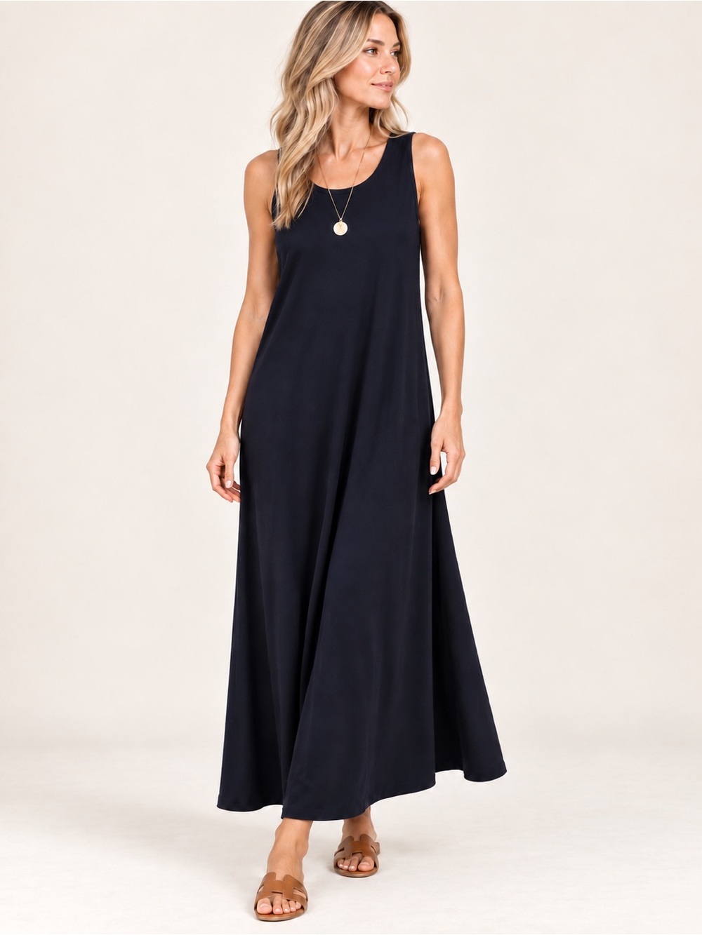 Ulla Popken Navy Blue Sleeveless Midi Dress Scoop Neck Plus Size 12/14